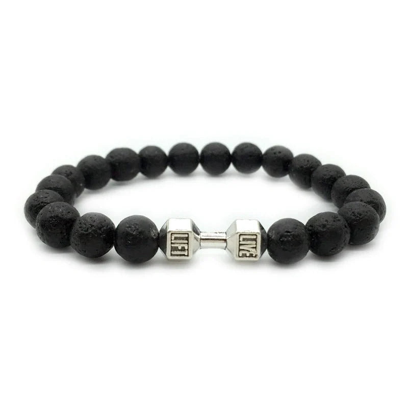 Men's fitness fashion bracelet with alloy dumbbell and lava rock beads, 18cm length, 20g weight