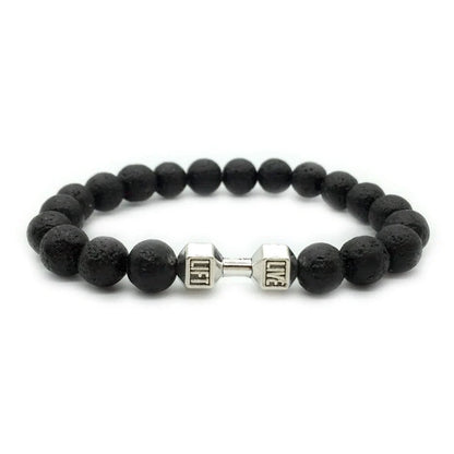 Men's fitness fashion bracelet with alloy dumbbell and lava rock beads, 18cm length, 20g weight