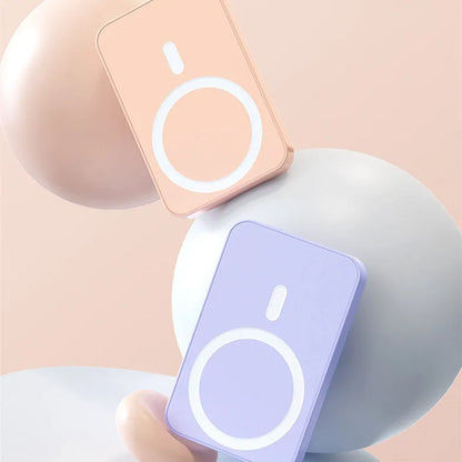 Pink magnetic wireless power bank showing dimensions 100x64x18mm with 20000mAh capacity