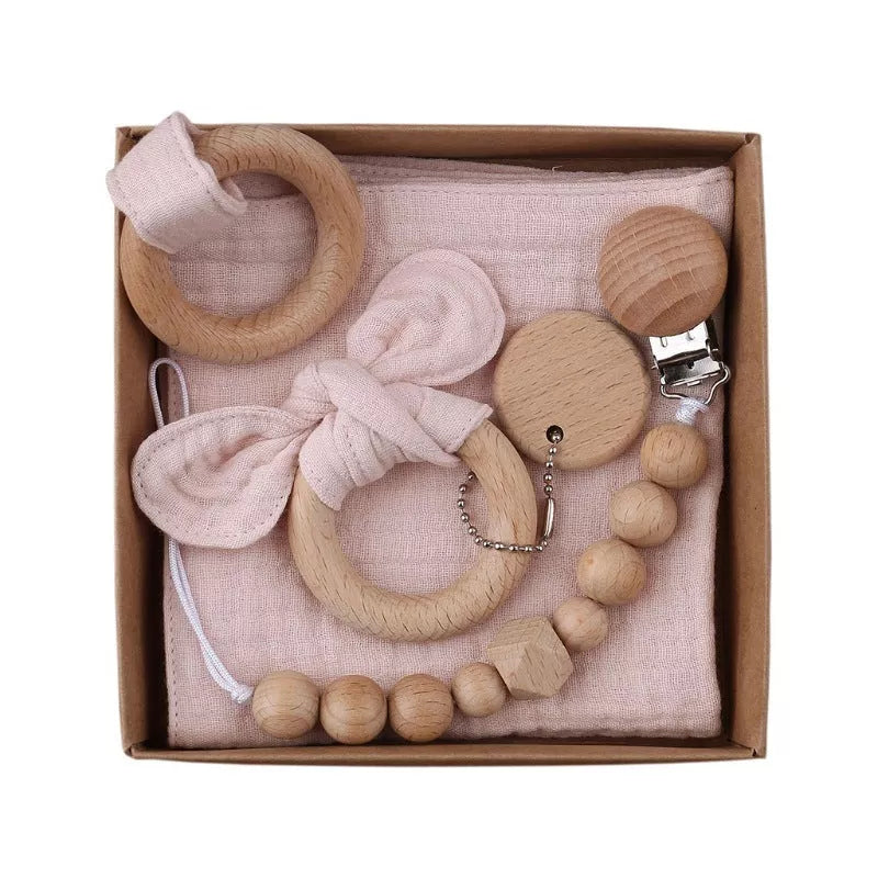 Natural cotton baby bath toy set with wooden rattle and comfort towel