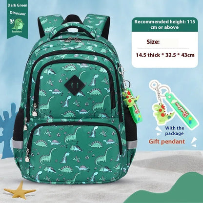 Blue dinosaur print children's school backpack with curved shoulder straps, shown from front and side.