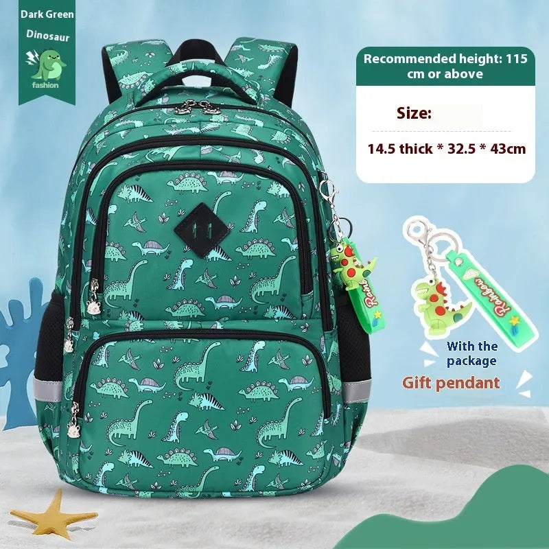 Blue dinosaur pattern children's school backpack with curved straps and waterproof Oxford cloth.