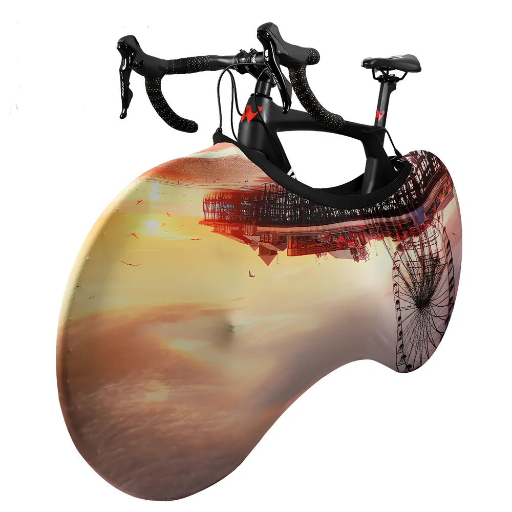 Bicycle wheel dust cover with elastic opening showing 149cm length and 48-58cm height adjustment