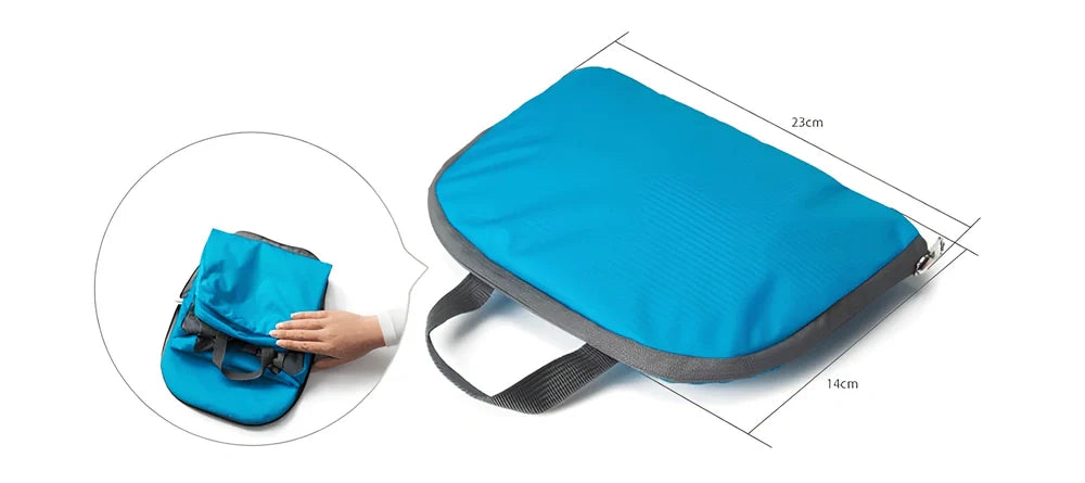 Yellow foldable sports backpack showing 30.5x42cm dimensions and compression feature