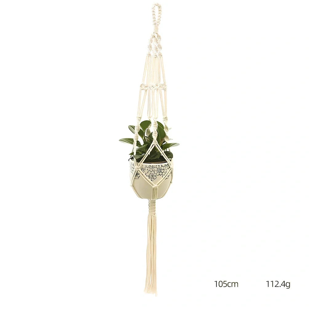 Hand-knitted cotton flowerpot net bag showing mesh pattern and hanging installation