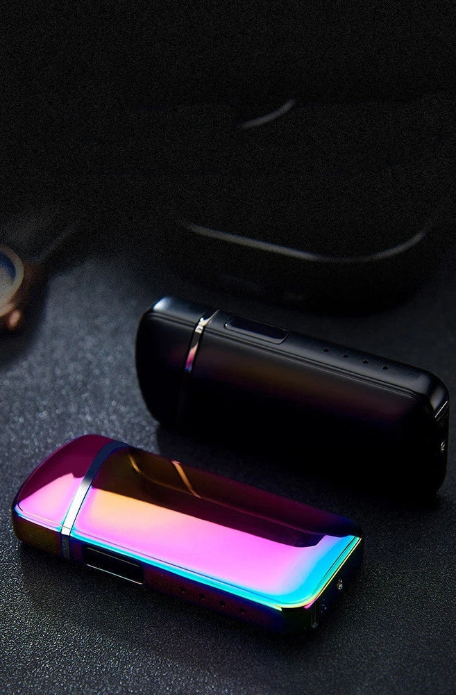 Zinc alloy charging lighter in black brushed finish, 80x35x13 mm with windproof arc and USB port