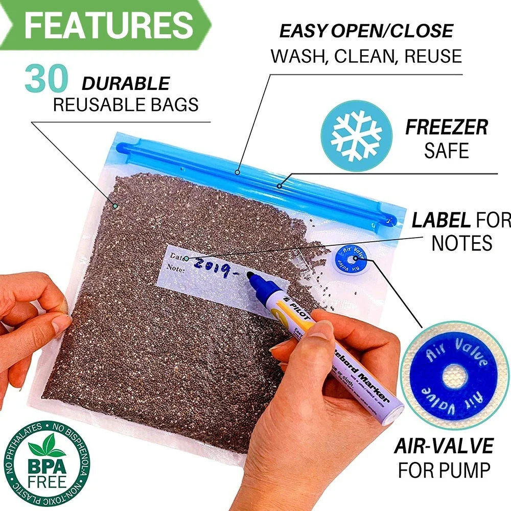 Premium vacuum seal food storage bags with hand pump for keeping food fresh longer