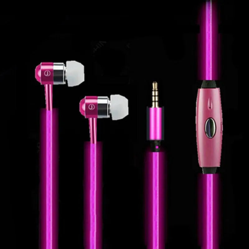 Blue Magic Light LED earphones with aluminium alloy shells and glowing EL lights, connected to a 3.5mm plug
