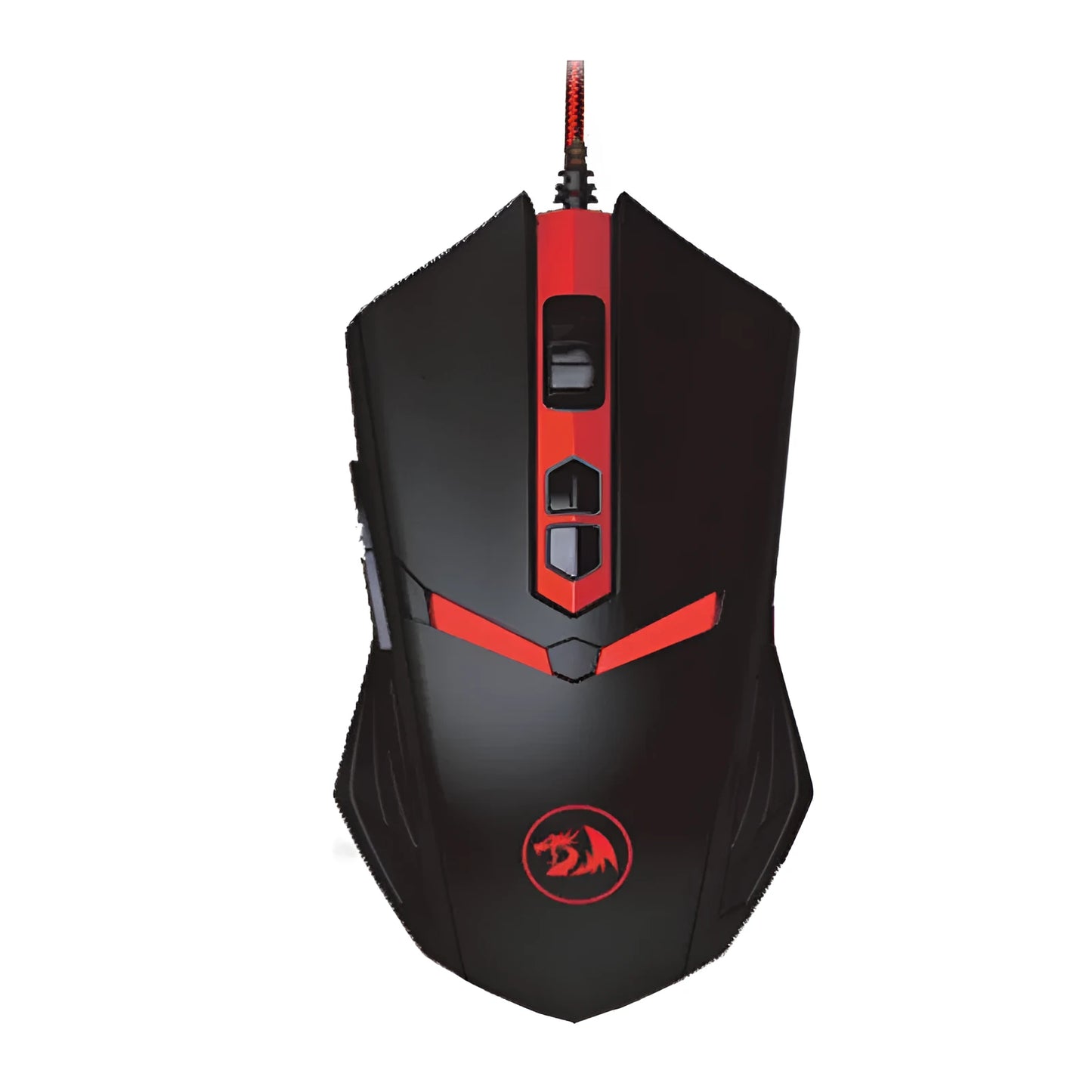 Black and red USB wired optical gaming mouse with six buttons on a desk.