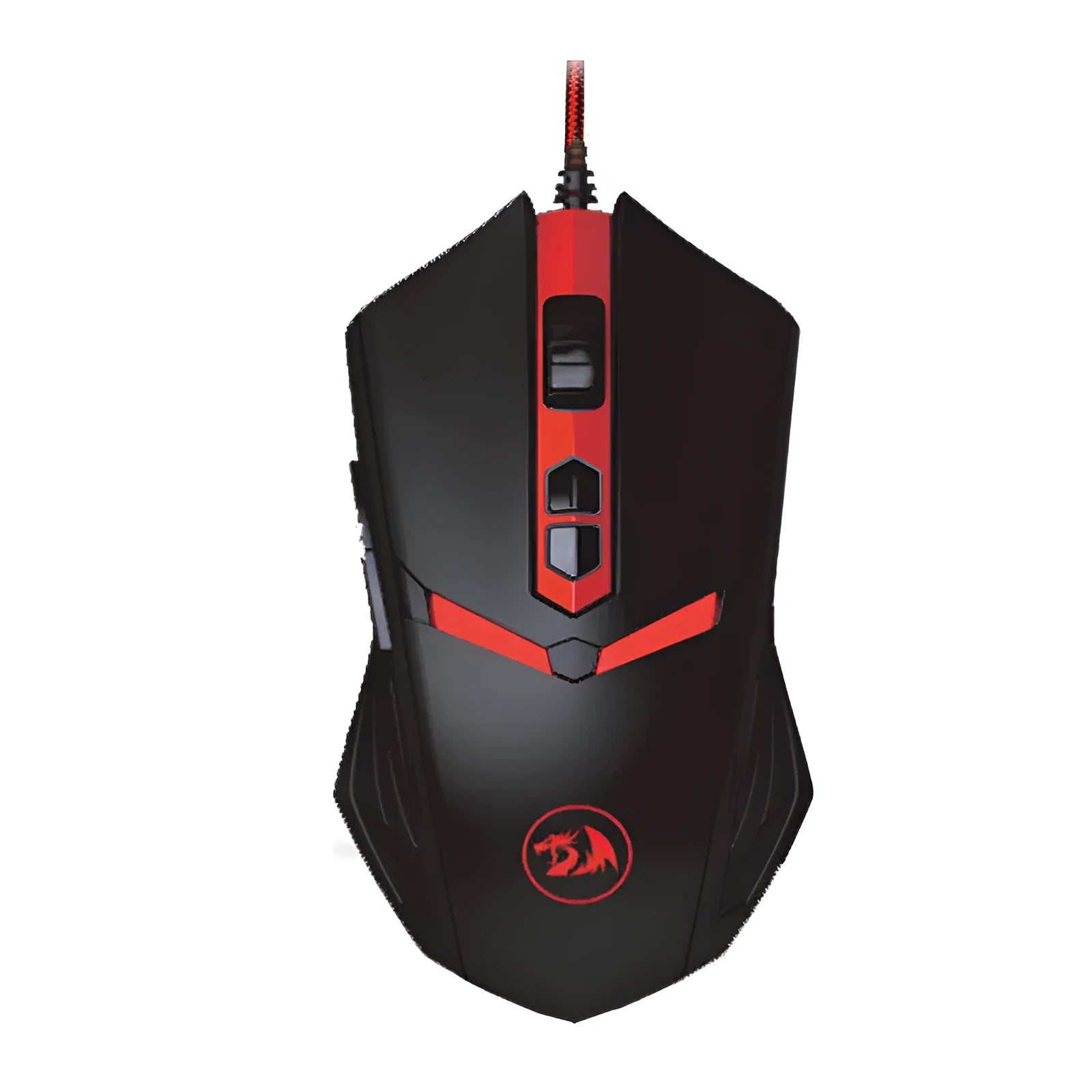 Black and red USB wired optical gaming mouse with six buttons on a desk.