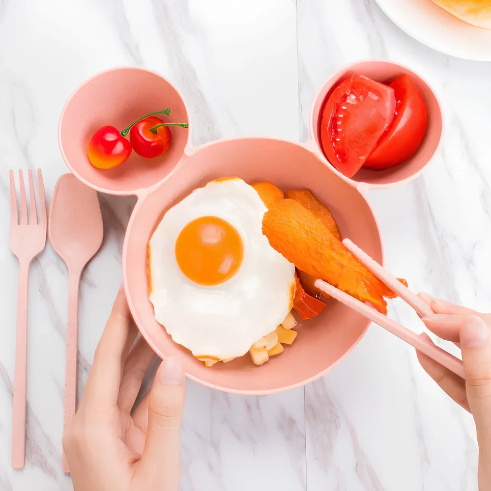 Mickey cartoon wheat straw children's bowl set with pink 21.5 cm bowl, spoon, fork, chopsticks - BPA-free biodegradable kids meal kit