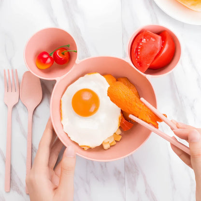 Mickey cartoon wheat straw children's bowl set with pink 21.5 cm bowl, spoon, fork, chopsticks - BPA-free biodegradable kids meal kit