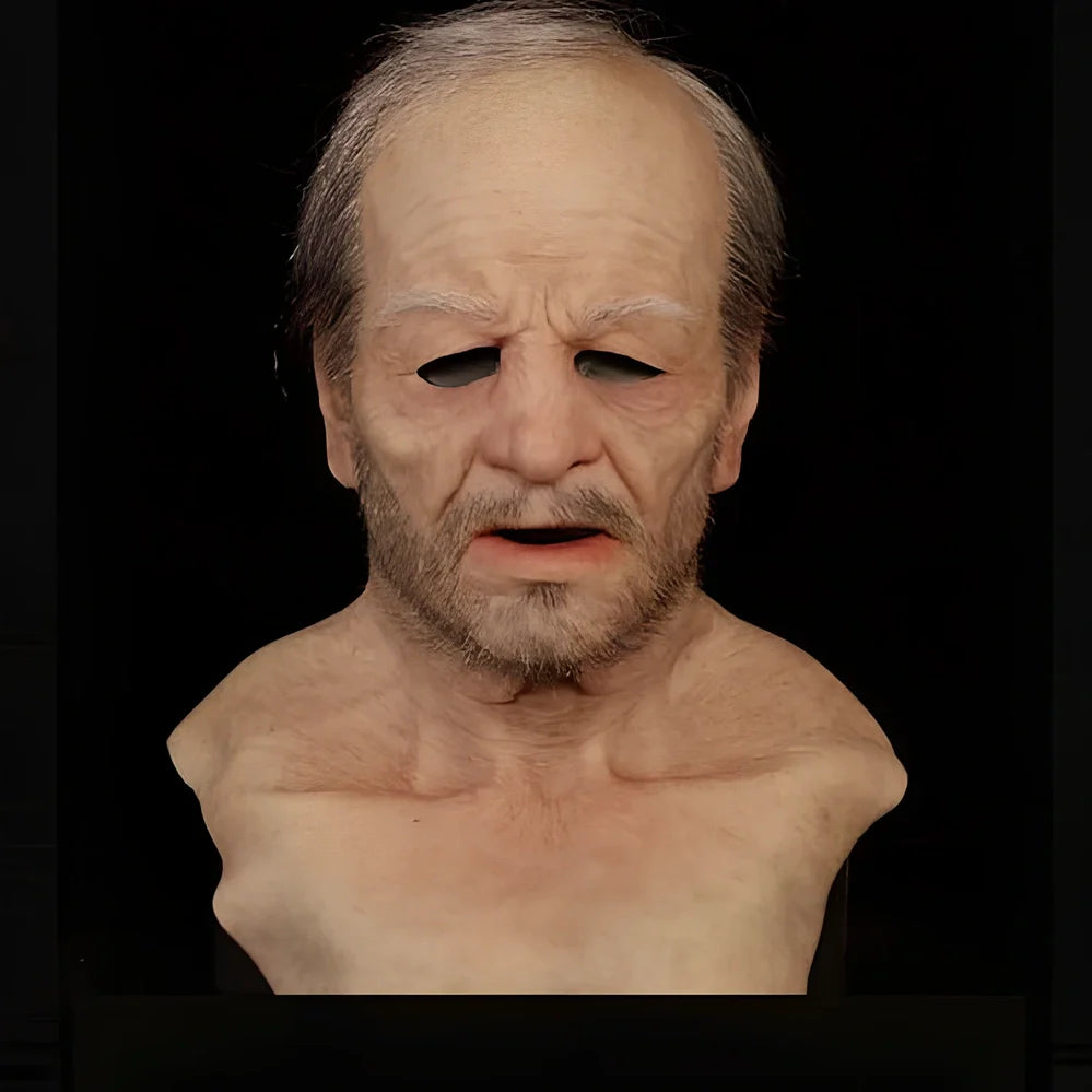 Latex old man Halloween mask with white hair and beard showing realistic facial wrinkles