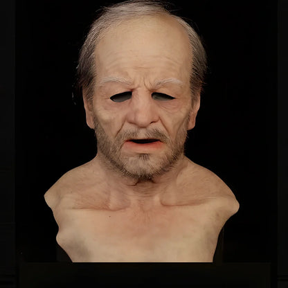 Latex old man Halloween mask with white hair and beard showing realistic facial wrinkles