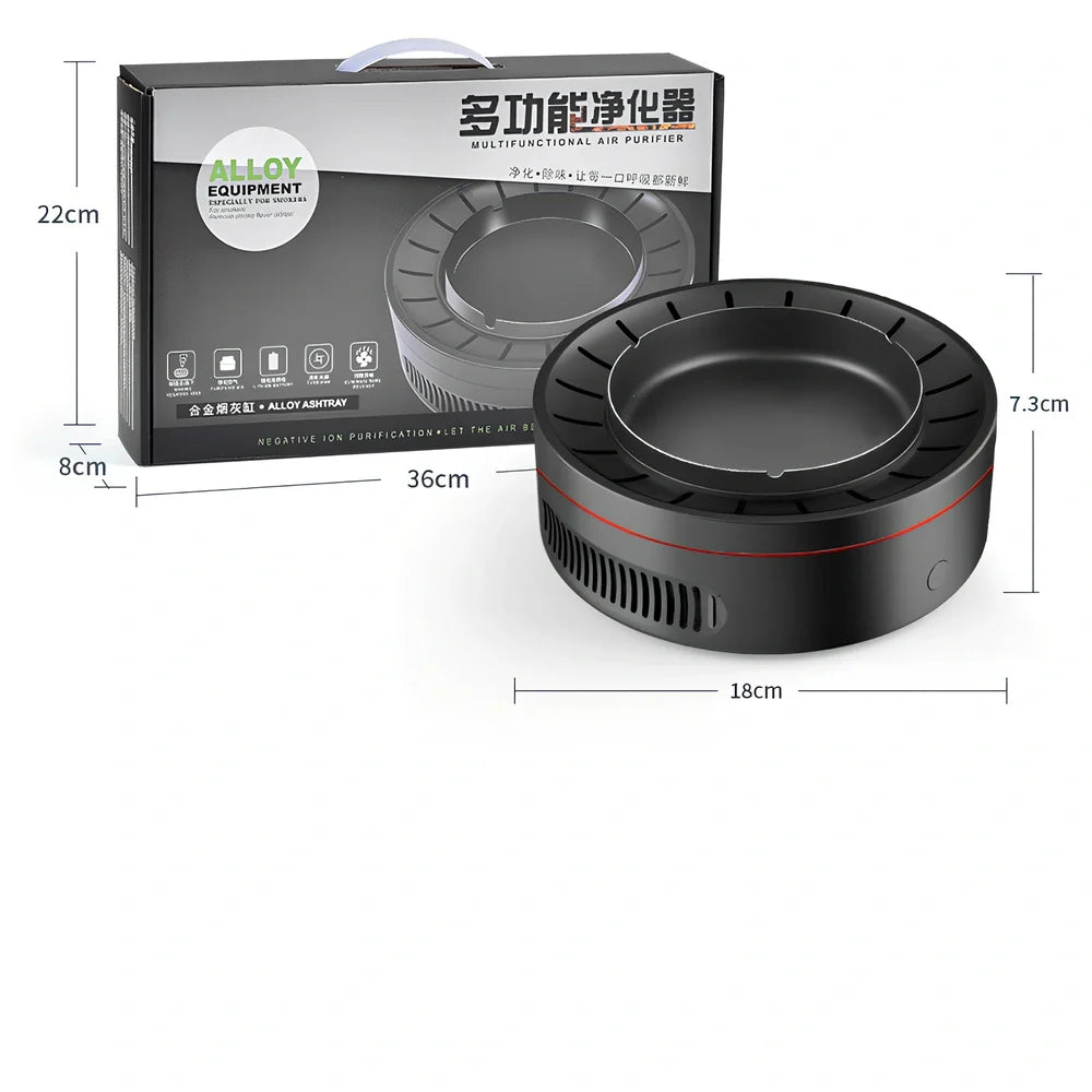 Black electronic ashtray purifier measuring 18x18x7.3cm with negative ion technology and USB charging