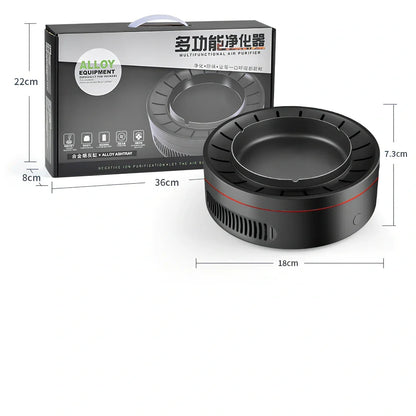 Black electronic ashtray purifier measuring 18x18x7.3cm with negative ion technology and USB charging