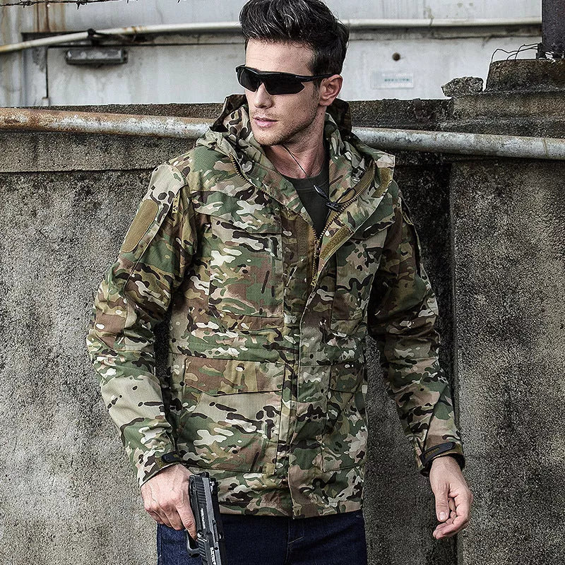 M65 Tactical Windbreaker in camouflage, black, or khaki with removable hood