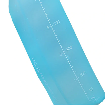 Sky blue folding TPU sports water bottle, 500ml capacity, leak-proof cap, collapsed view for portability
