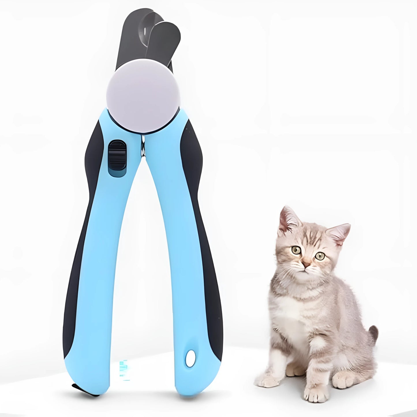 Blue heavy-duty dog nail clippers with a visible safety guard, shown closed on a white background.