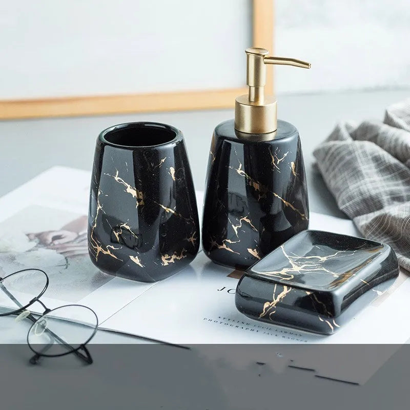 Ceramic bathroom wash set in porcelain with decal decoration, available in black, blue or white colours