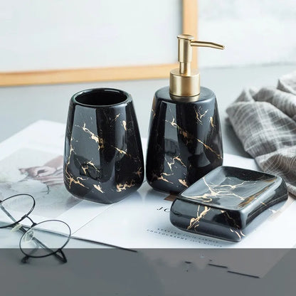 Ceramic bathroom wash set in porcelain with decal decoration, available in black, blue or white colours