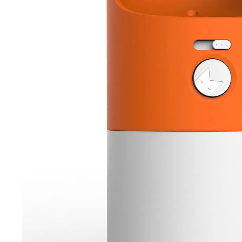 White and grey rocket-shaped pet water bottle with drinking outlet and lock button