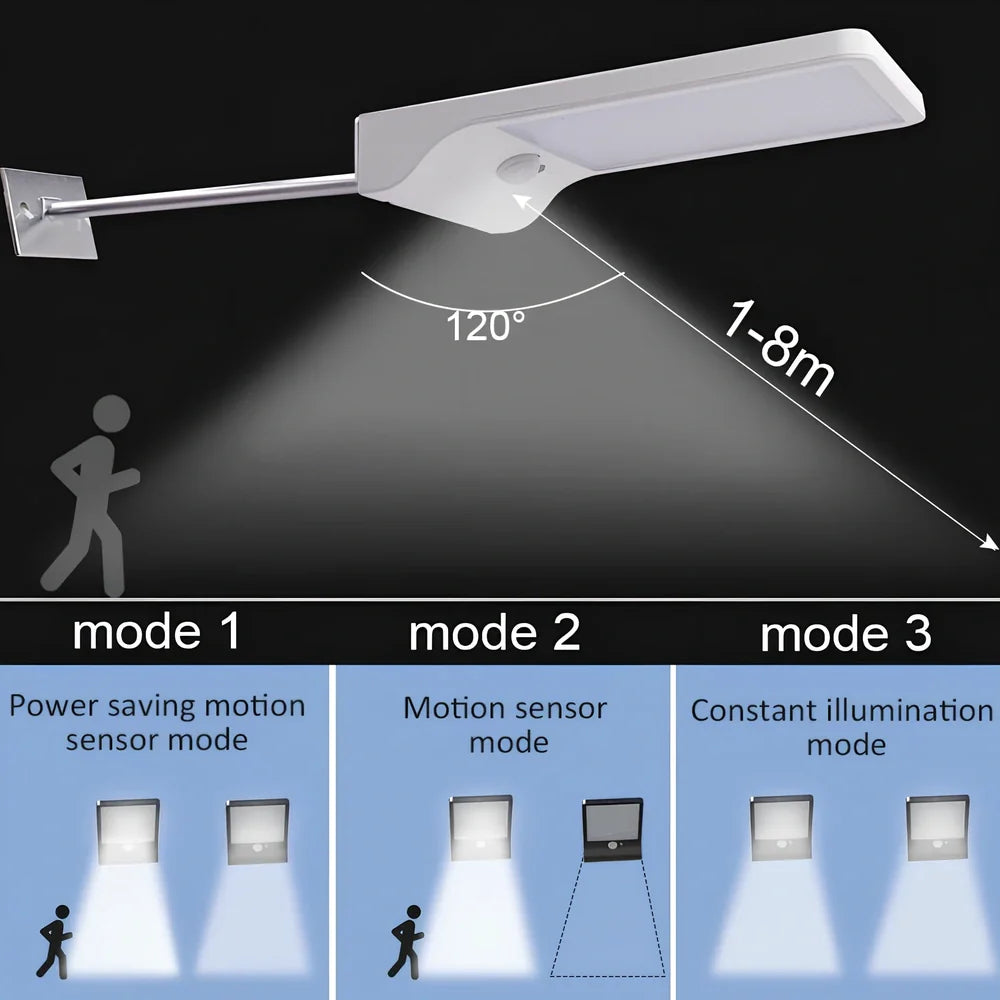 Black and white solar garden light with 36 LEDs, mounting rod option, automatic dusk operation