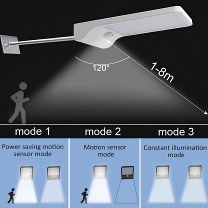 Black and white solar garden light with 36 LEDs, mounting rod option, automatic dusk operation