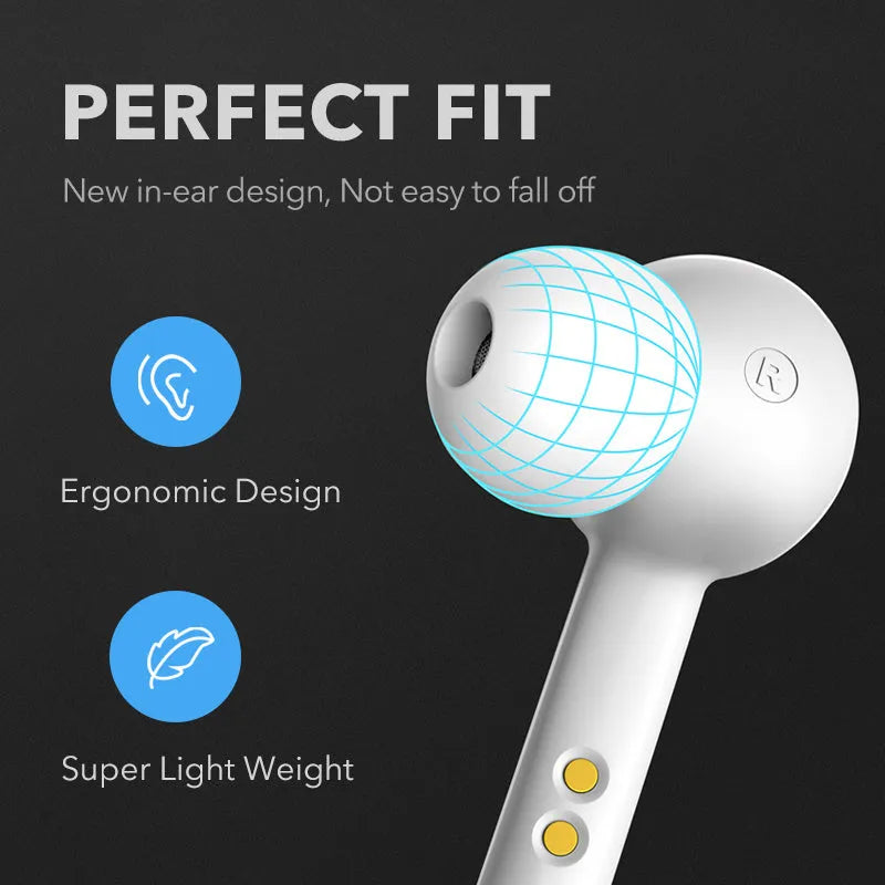 Black TWS wireless earbuds with charging case showing Bluetooth 5.0 and IPX5 waterproof features