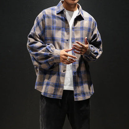 Men's plaid casual long sleeve shirt, cotton, loose fit, square collar, blue brown or grey, sizes L to 5XL