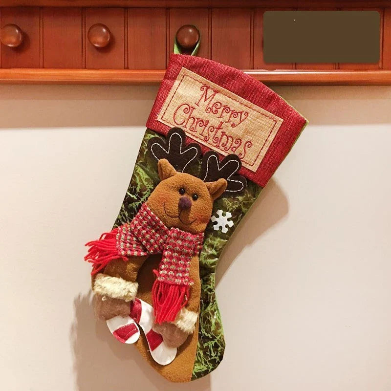 Festive Burlap Christmas Stockings with 3D Appliqué Designs of Santa, Snowmen, and Elk
