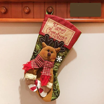 Festive Burlap Christmas Stockings with 3D Appliqué Designs of Santa, Snowmen, and Elk