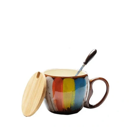 Handmade ceramic coffee mug with lid and spoon in vibrant colors, 350ml capacity