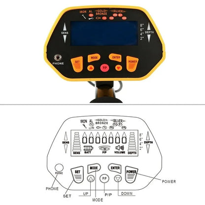 GC1028 black and yellow metal detector with LCD display, adjustable pole, and 20cm waterproof search coil for treasure hunting