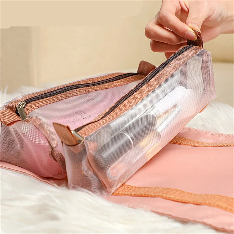 4-in-1 detachable cosmetic bag for women in green, pink, and black