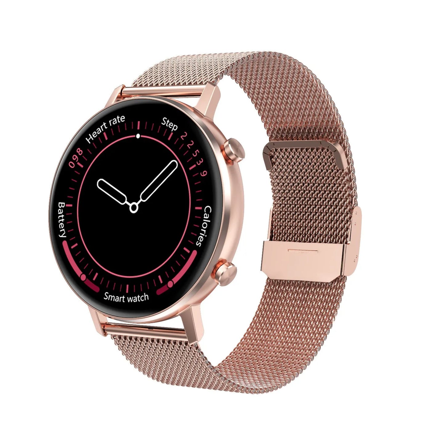 DT96 fitness tracker with steel strap on wrist, showing 1.3-inch screen displaying step count.