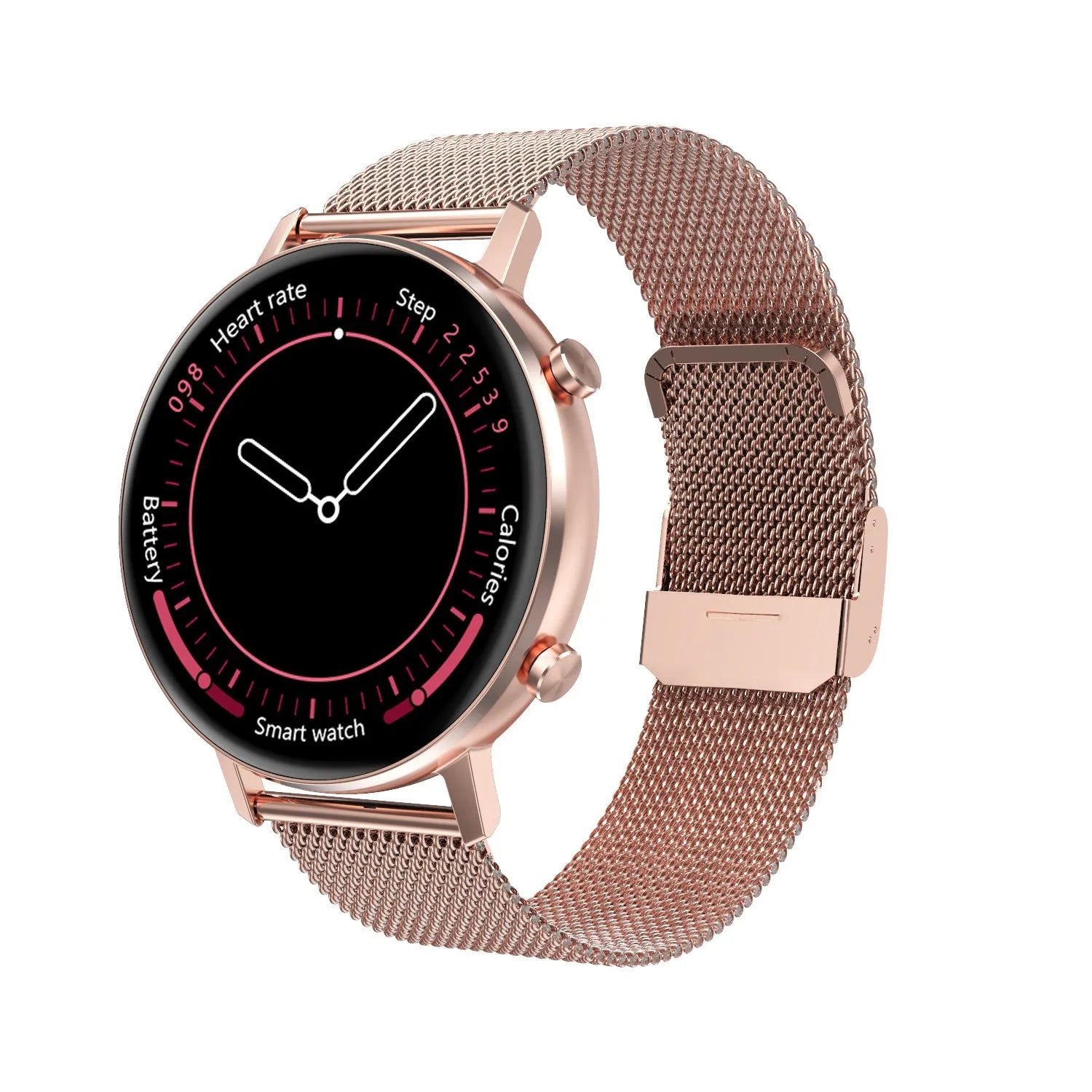DT96 fitness tracker with steel strap on wrist, showing 1.3-inch screen displaying step count.