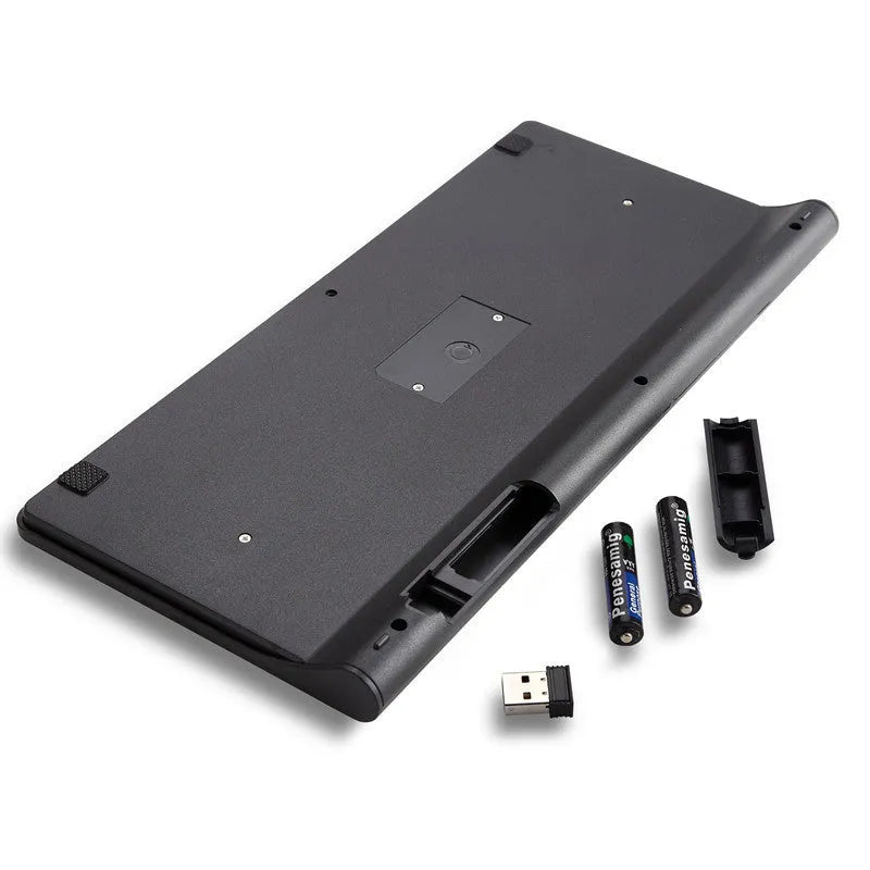 Black and white wireless keyboard and mouse set on a desk with 4G dongle