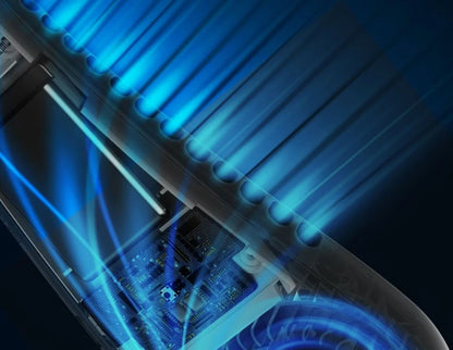 Black hanging neck fan with flexible design showing dual battery compartments and adjustable airflow vents