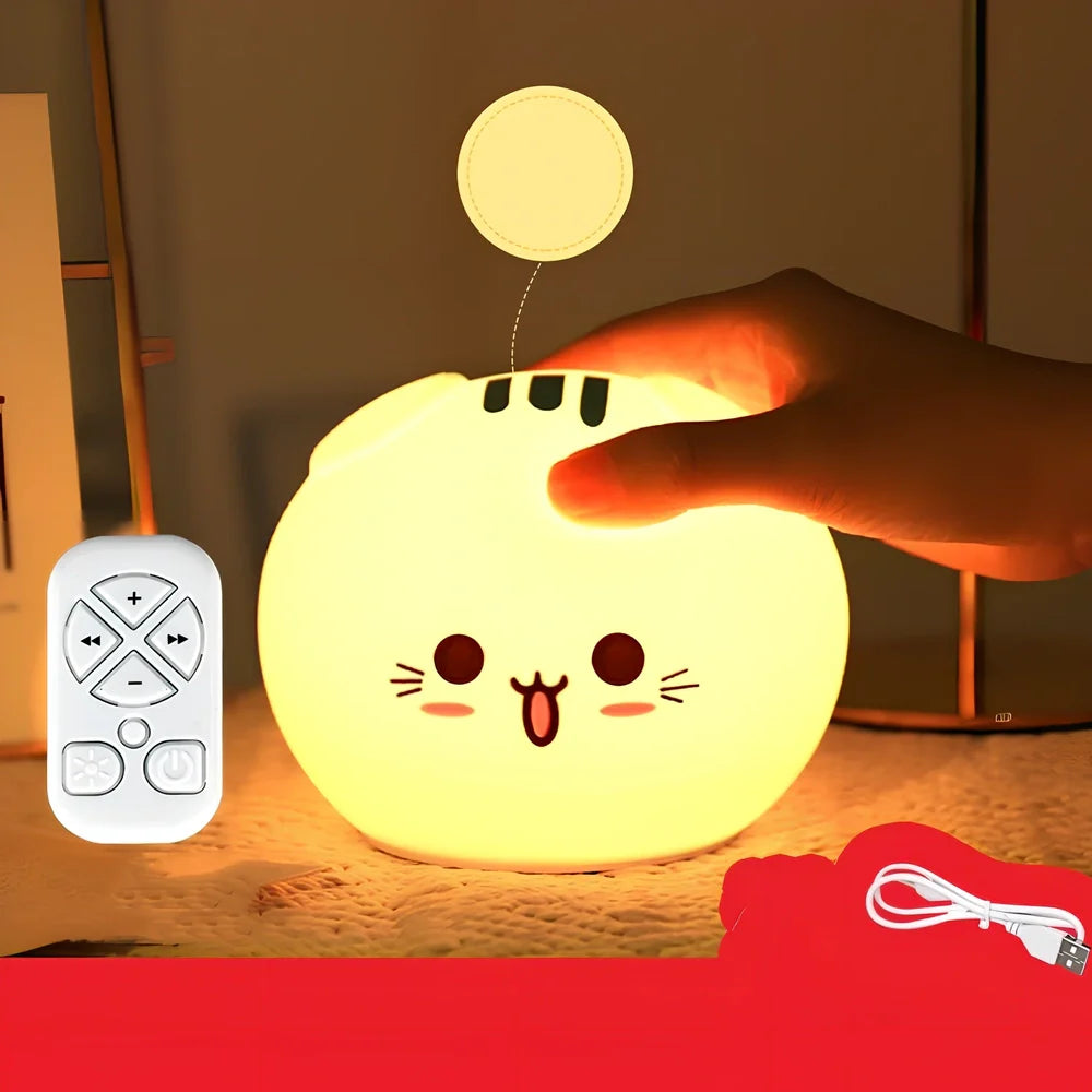 Silicone night light with fold-eared cat design showing LED illumination and USB charging port