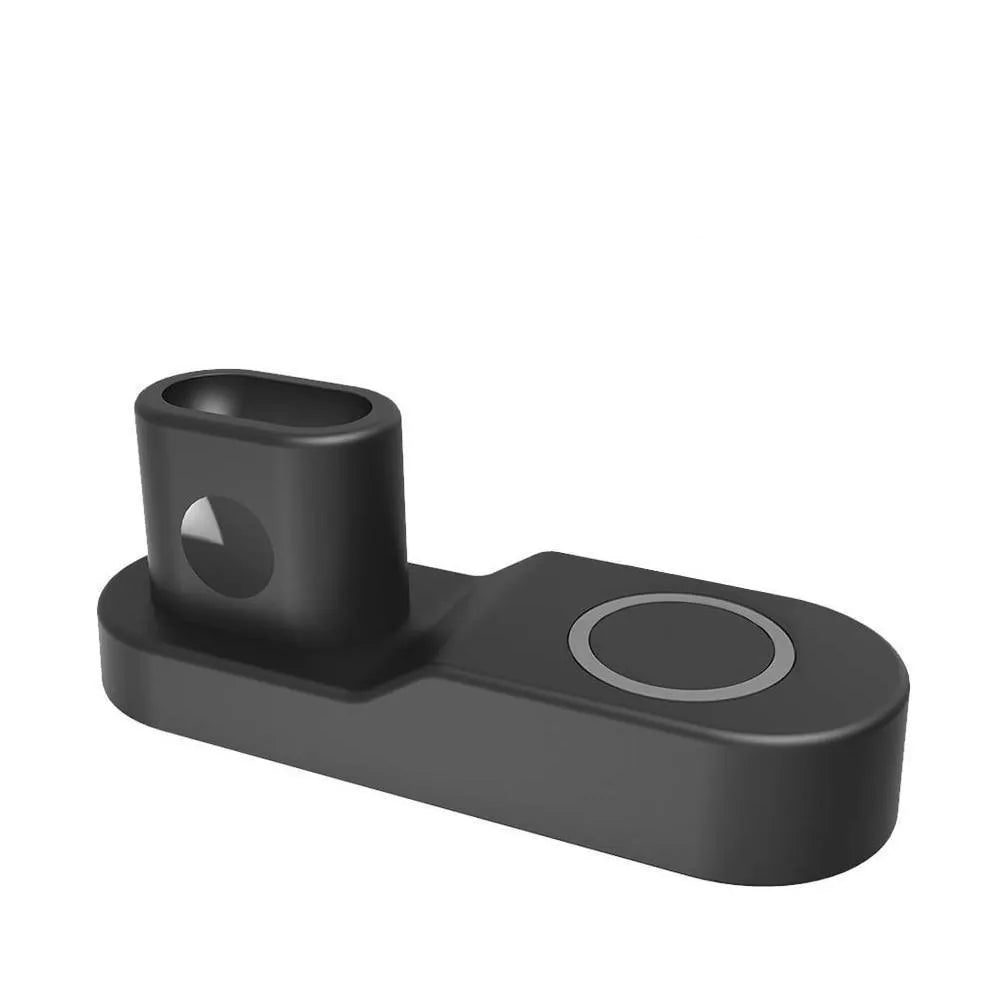 Black W3 wireless charging station with phone, Apple Watch, and earphones on charging pads