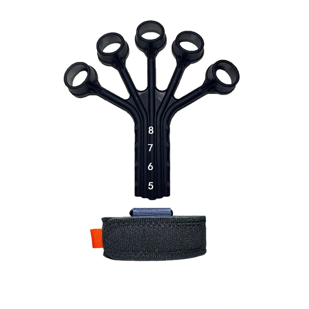 Black silicone finger rehabilitation trainer with adjustable resistance belt for hand exercises