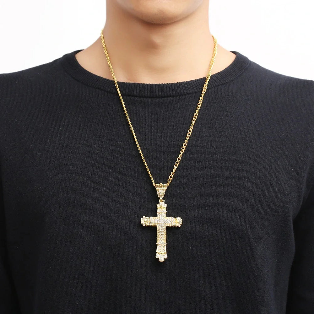 Stylish Iced Out Men's Cross Necklace in silver and gold options
