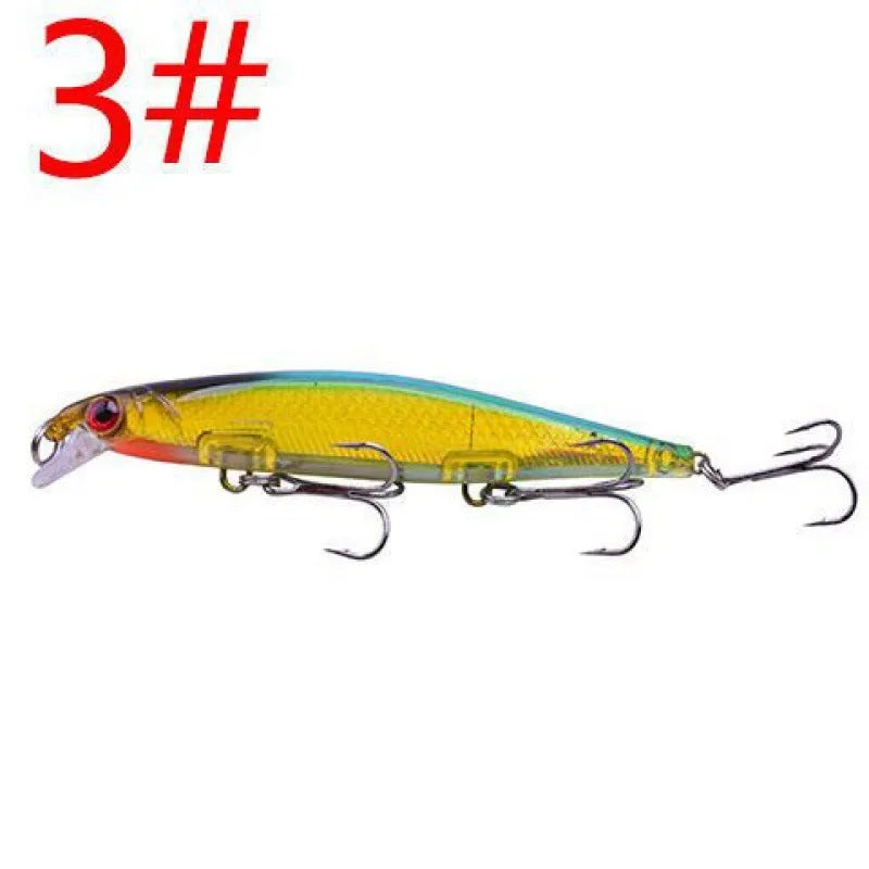 11cm submerged minnow fishing lure with slow-sink tossing action, shown in one of eight available colours.
