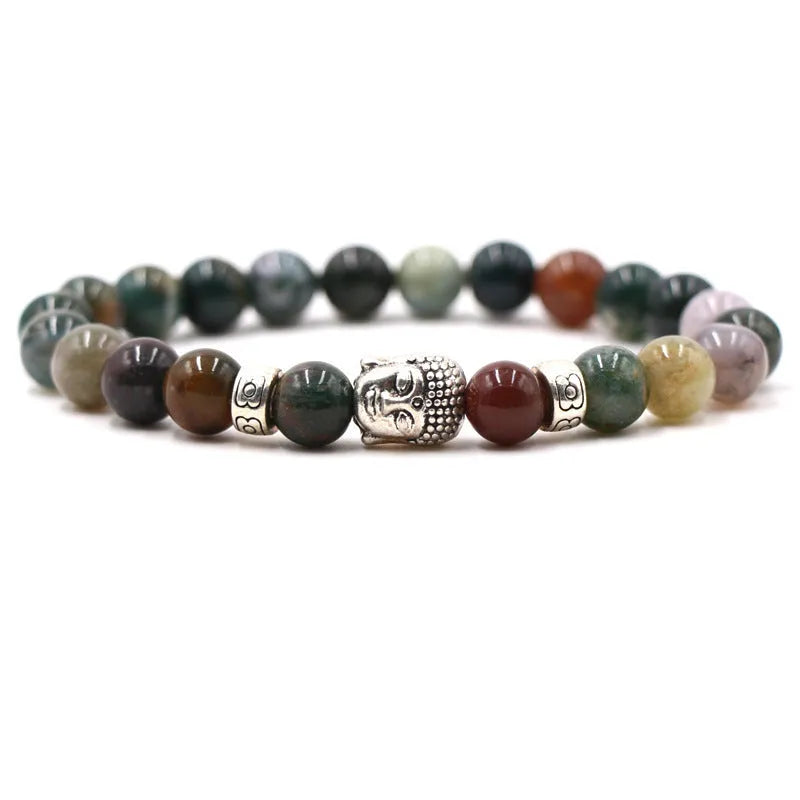 Natural stone stretch bracelet with round beads in various colours including Tigereye and turquoise.