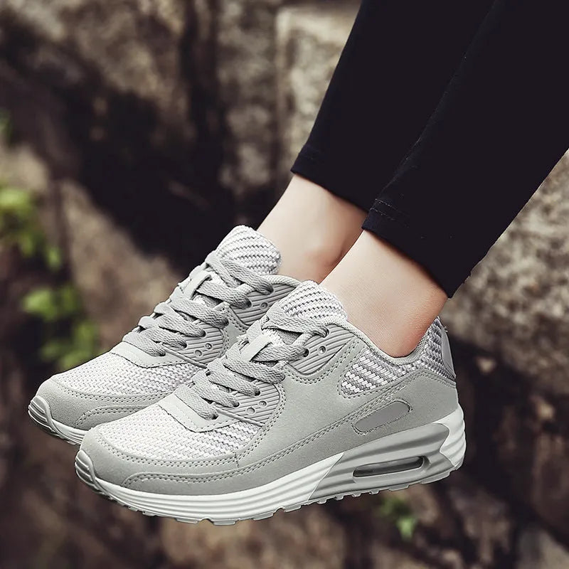 Women's casual shoes with a low heel in beige orange, grey, and pink purple colour options.