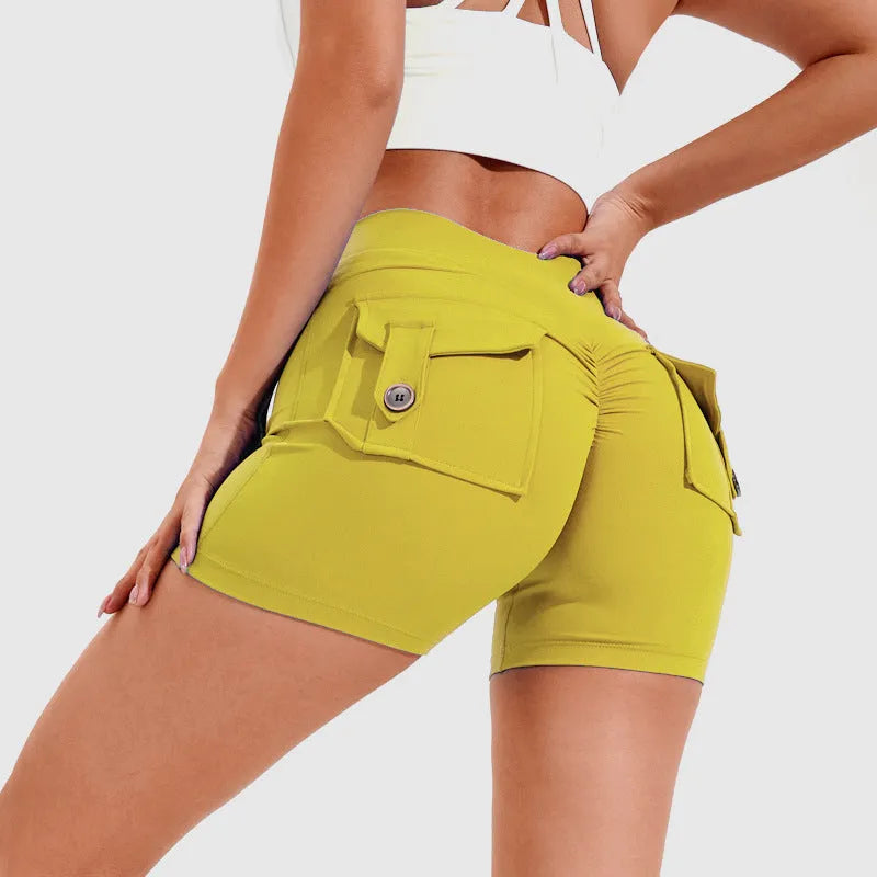 Women's high-waist fitness shorts with pockets in quick-dry nylon fabric