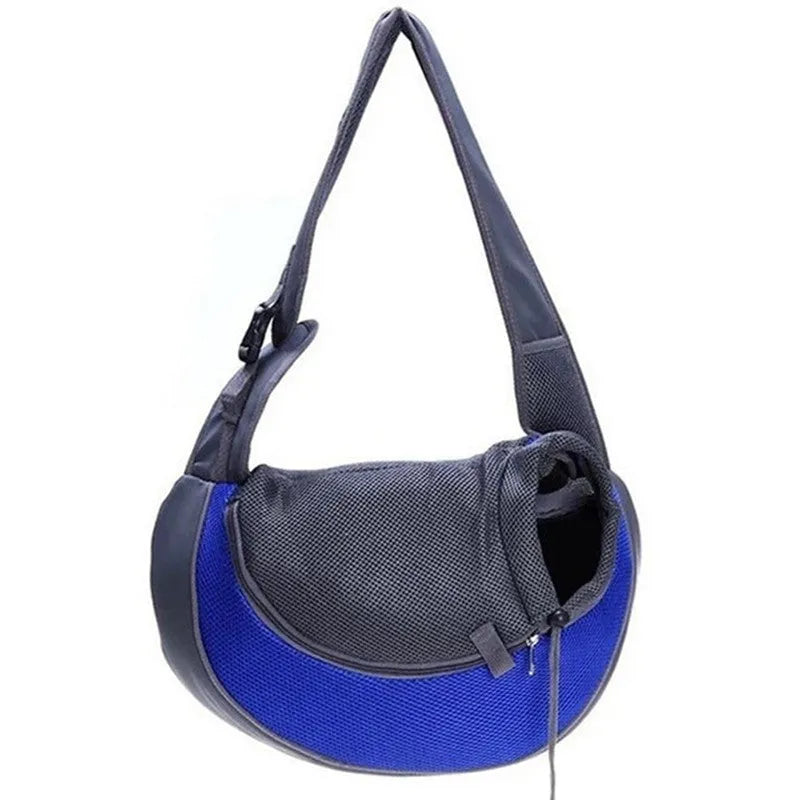 Blue pet backpack with mesh ventilation panels and adjustable padded shoulder straps for cat or small dog transport