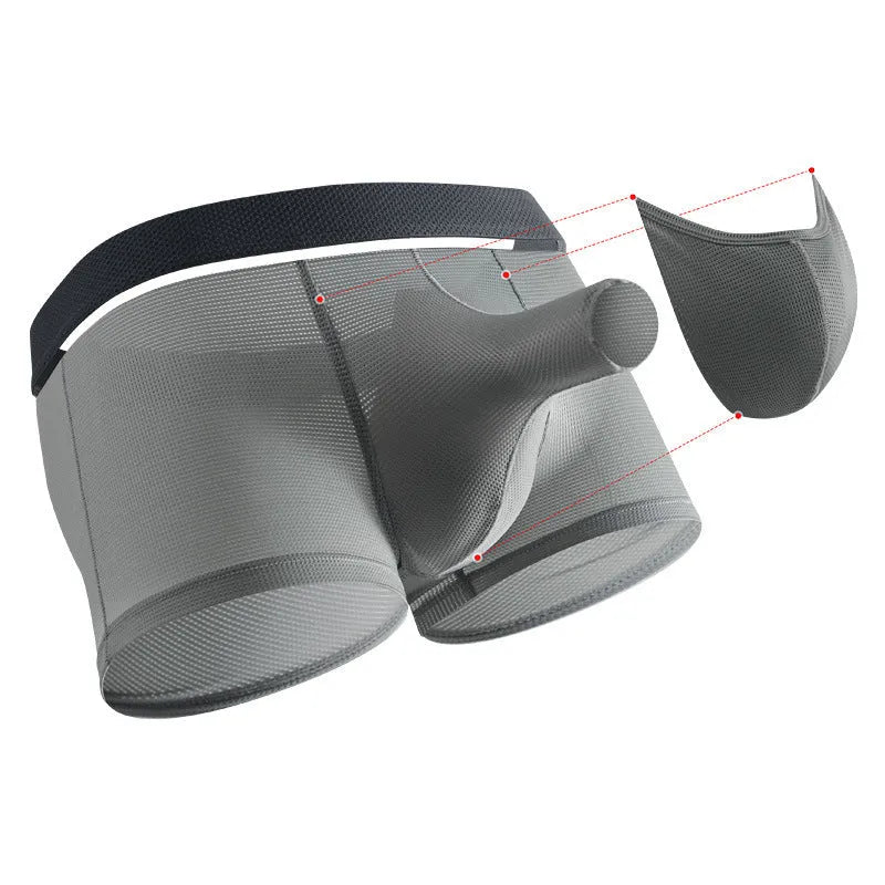Men's ice silk boxer briefs in black, white, and grey colours showing mesh fabric and low-waist design