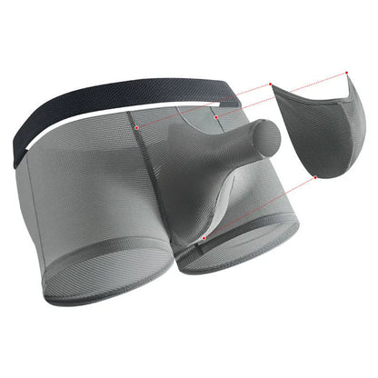 Men's ice silk boxer briefs in black, white, and grey colours showing mesh fabric and low-waist design